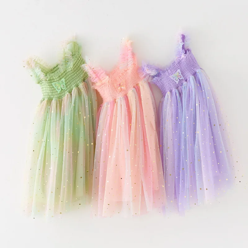 Summer Toddler Girl Princess Dress Baby Rainbow Tulle Costume Kids Sleeveless Strap Dresses Birthday Party Children Clothes 1-6Y