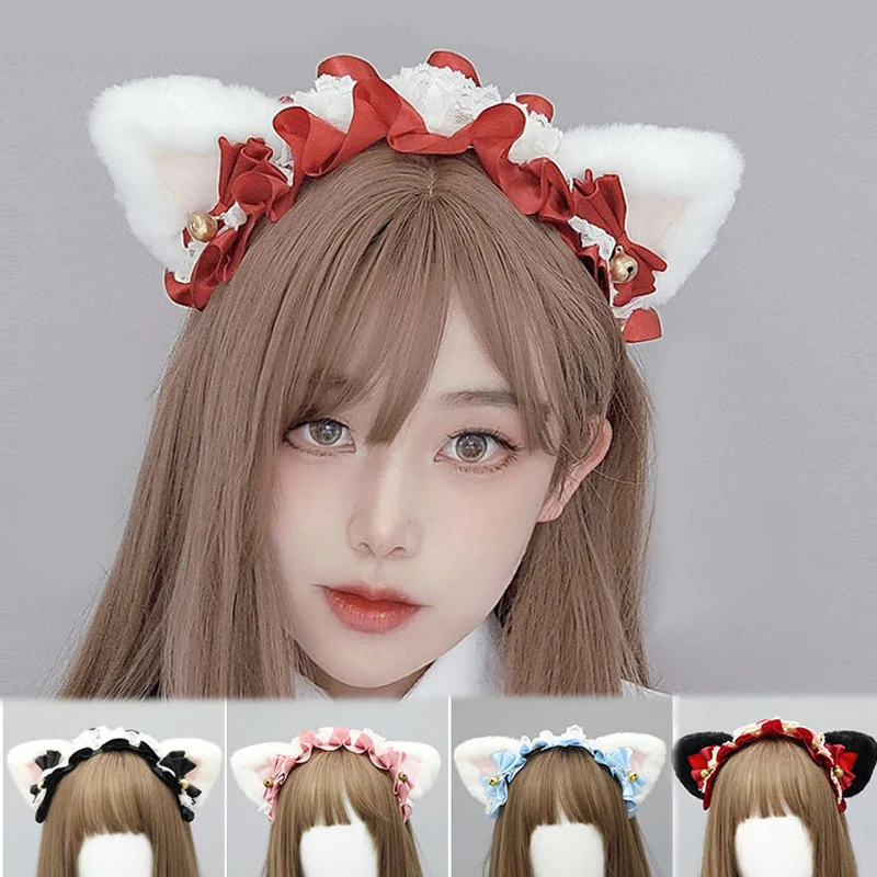 

Kawaii Bear Cat Ears Bow Bell Head Hoop Sweet Princess Hair Band Headwear Ladies Lolita Accessories Kc Plush Headband