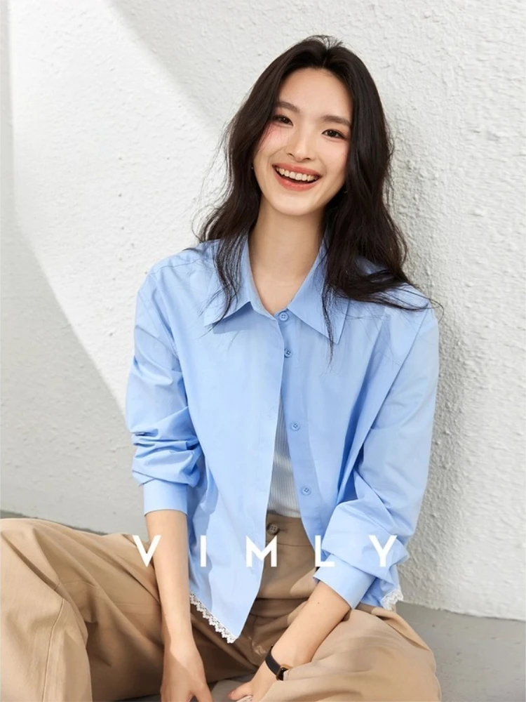 

VIMLY Blue Long Sleeve Shirts Women's 2025 Autumn Casual 100% Cotton Lace Hem Short Turn-down Collar Button Ladies Blouses A1981
