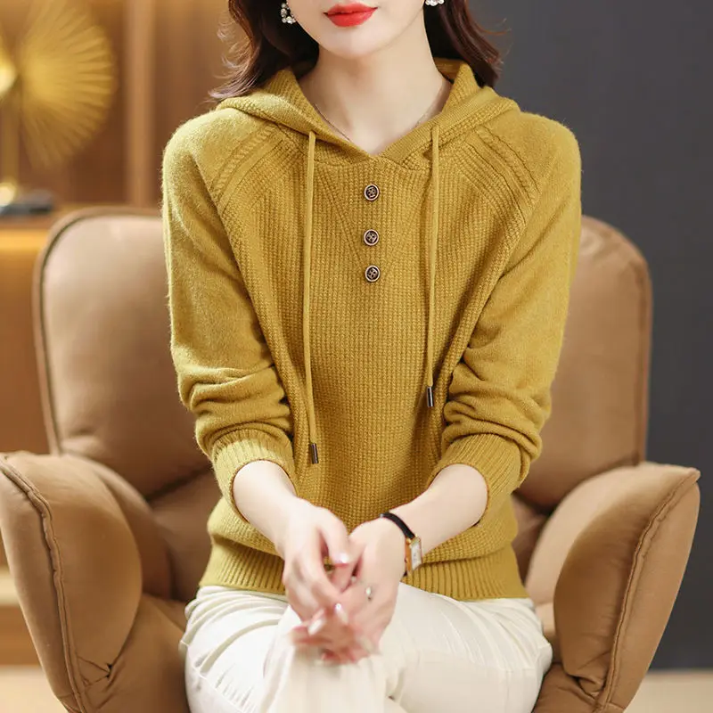 2023 New Women\'s Clothing Knitted Long Sleeve Hooded Commuter Autumn Winter Casual All-match Solid Color Sweaters Jumpers