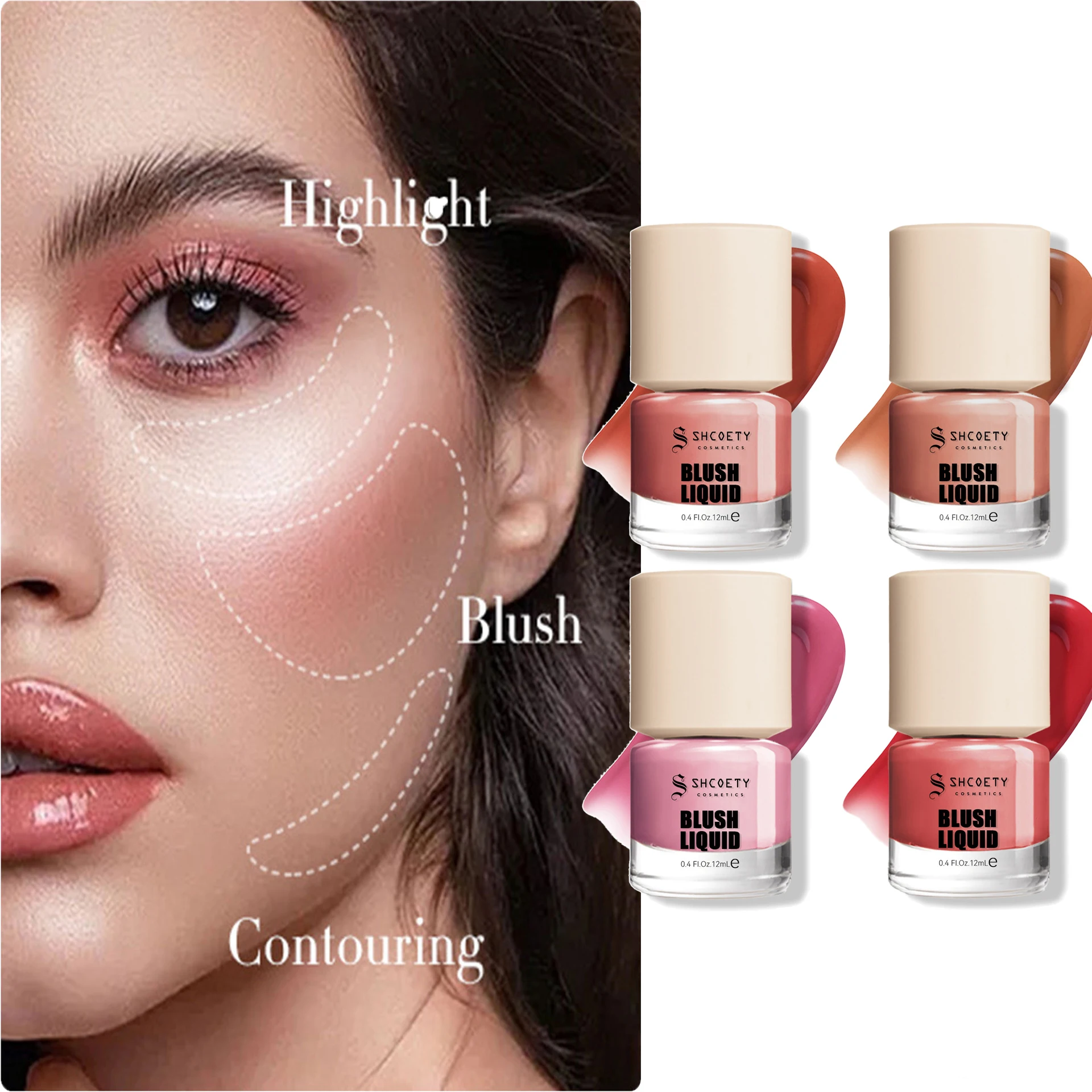 การสําเร็จความใคร่ Blusher Highlight Contouring 4 สีริมฝีปากแก้ม 2-IN-1 Lasting Moisturizing Naturally Contour Brighten Rouge แต่งหน้า