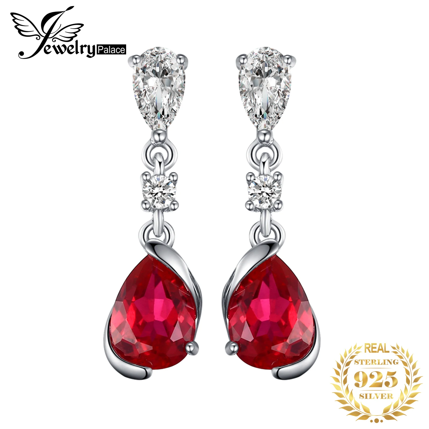 JewelryPalace 1.9ct Pear Created Red Ruby 925 Sterling Silver Drop Earrings for Woman Fashion Gemstone Jewelry Anniversary Gift