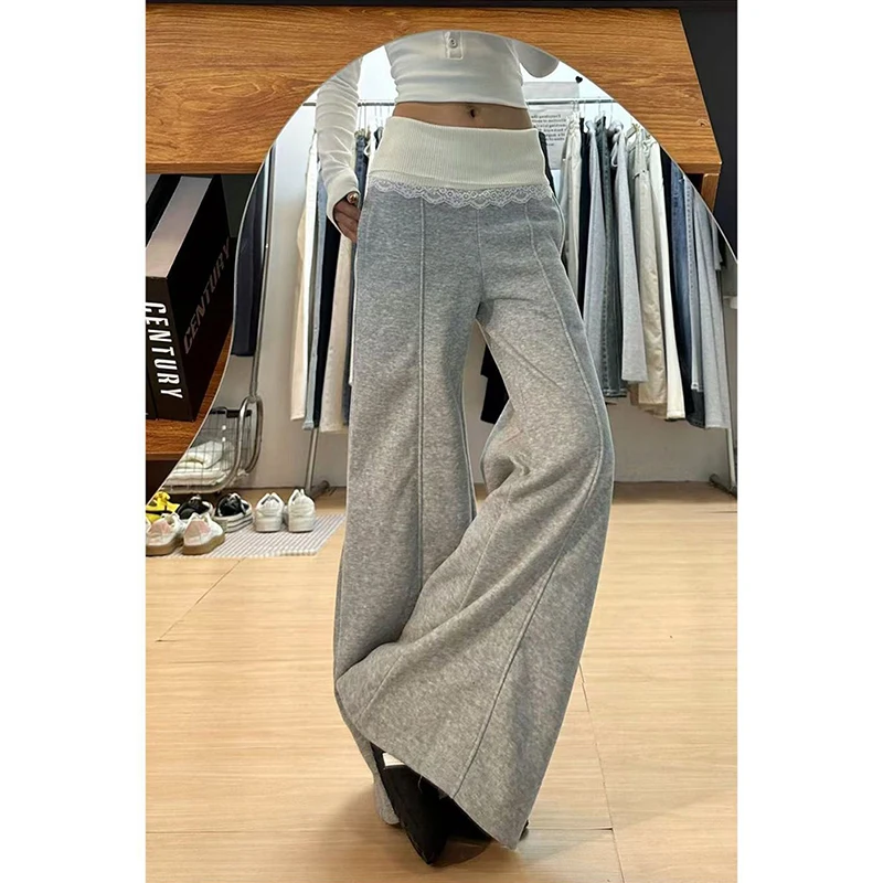 MEXZT Streetwear Fleece Sweatpants Women Lace Patchwork Baggy Joggers Korean Fashion Wide Leg Pants Winter Casual Trousers New
