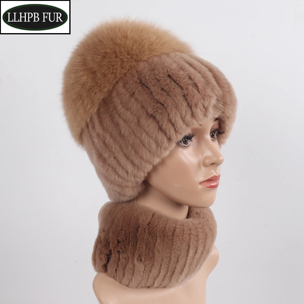 Hot Sale Women Winter Real Rex Rabbit Fur Hat Scarf 2 Pieces Knitted Rex Rabbit Fur Hats Top Natural Fox Fur Caps Scarves Sets