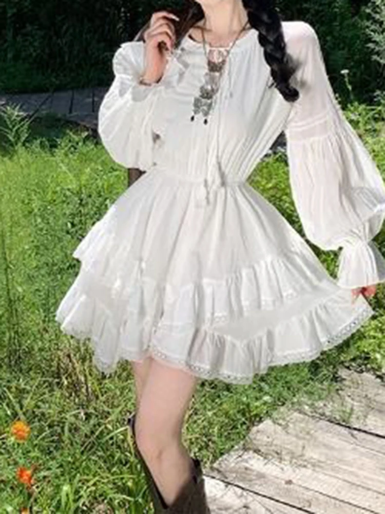 

2026 White Dress Sweet Long Sleeve Short Dress French Lantern New Cake West Sichuan Small White Dress