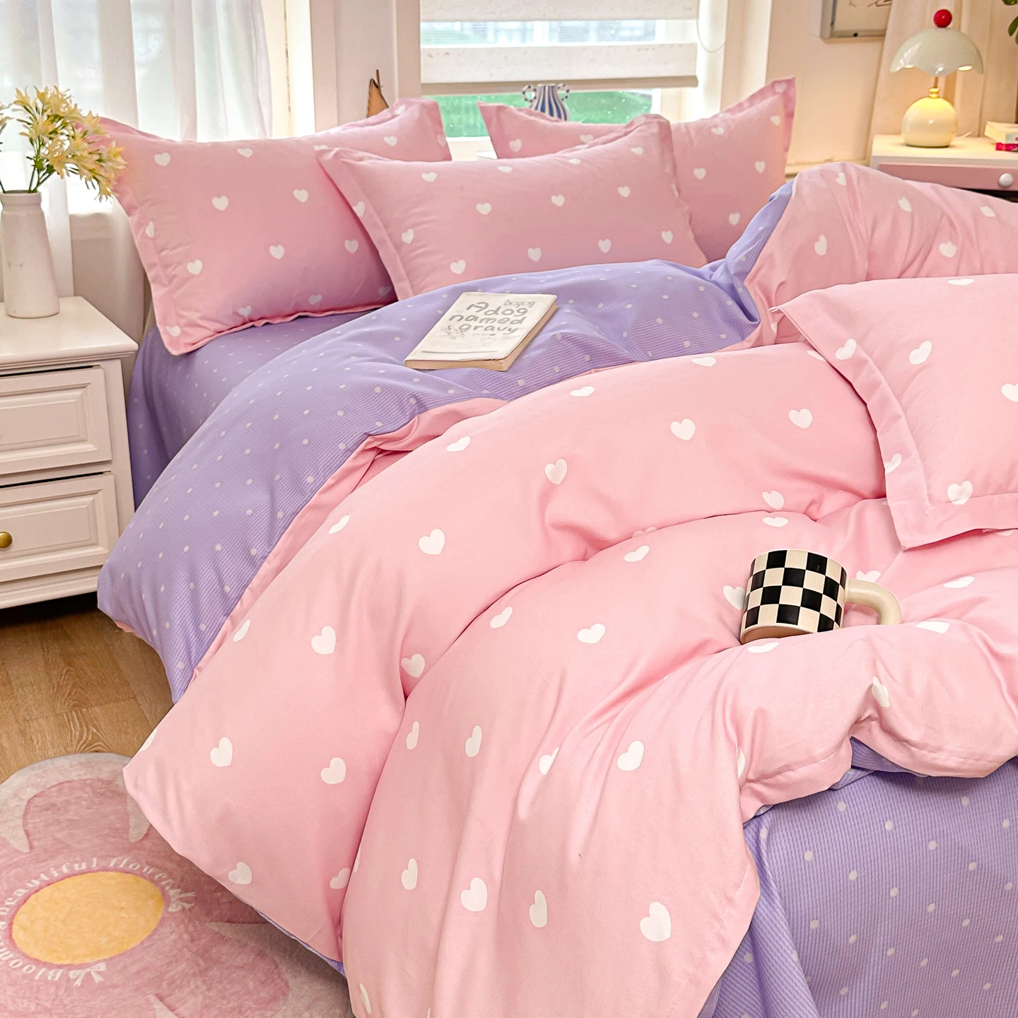 3/4PCS Bedding Set Dopamine Color Polka Dot Duvet Cover Set Pink Purple Sheet Set for Bedroom Decoration Single King Queen Size