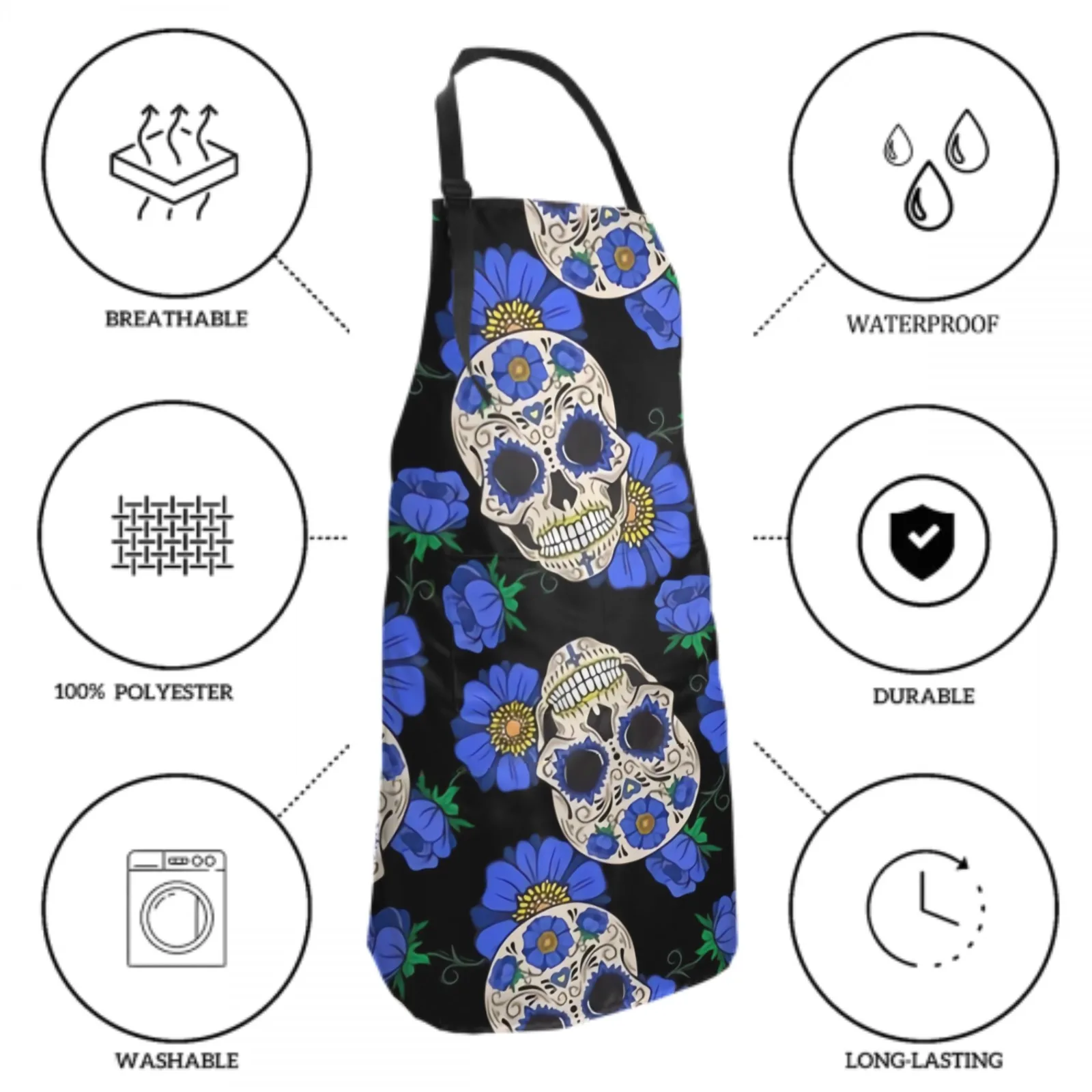 White Skull Waterproof Apron with 2 Pockets Kitchen Chef Apron Skull Apron for Hair Brushing Cooking Baking Painting Gardening