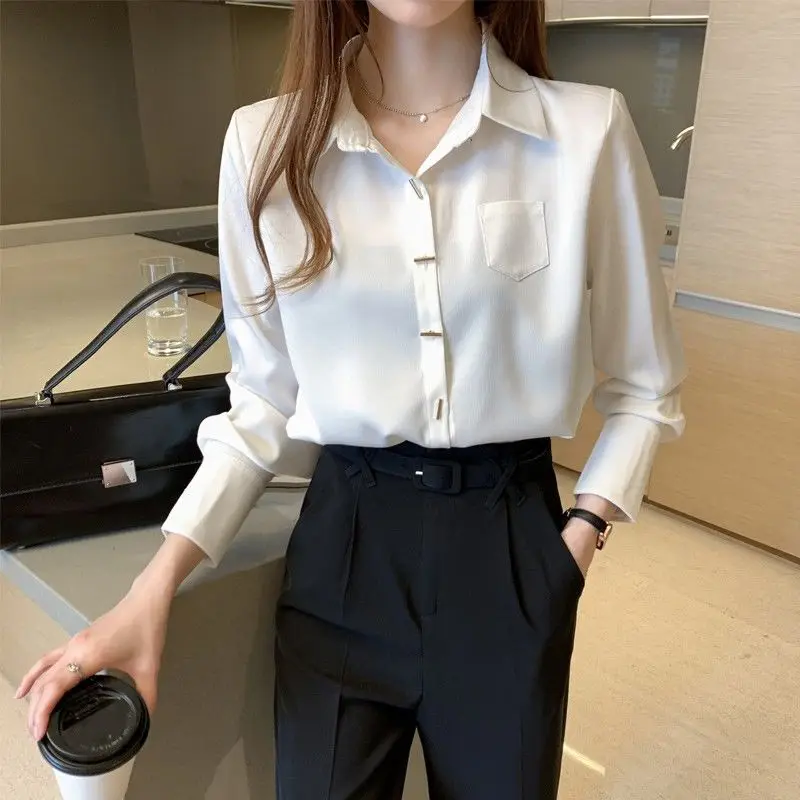 Professional Wear White Shirt for Women\'s Spring Autumn 2024 New Workplace Temperament Long Sleeves Chiffon Shirt Trendy Top