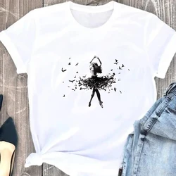 Watercolor Ballet Dancer Print Women Clothing Tshirt Casual Dancing Ballet O-Neck Summer Harajuku Vintage Tops Camisas Mujer