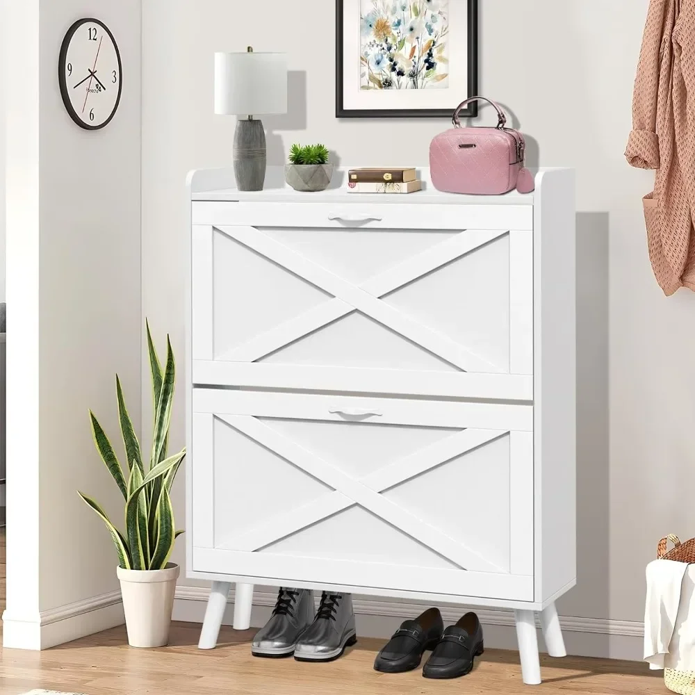 Shoe Storage Cabinet With 2 Flip Drawers, Freestanding Shoe Rack For Entryway, Hidden Shoe Organizer