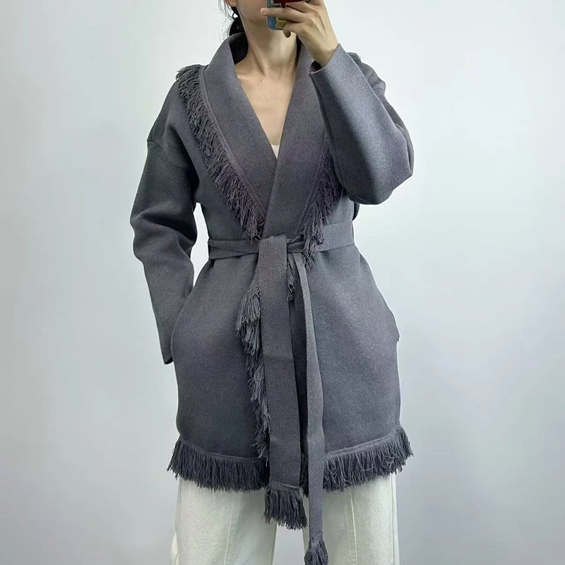 Ladies fringed long wool knit cardigan, retro loose lapel long sleeve coat, high quality, autumn, new style, 2025.