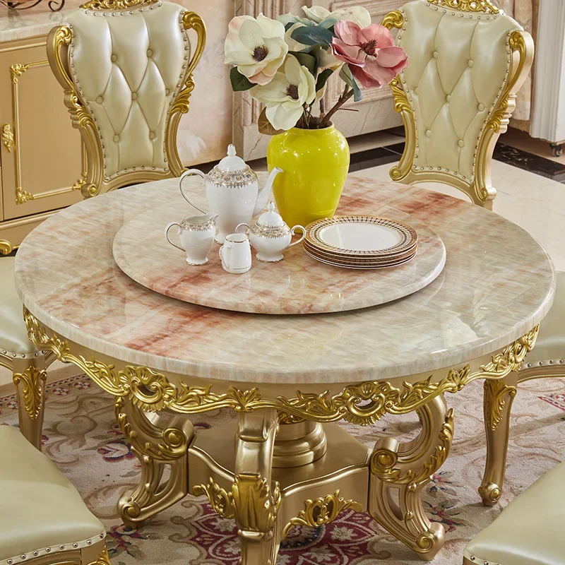 

European marble dining table and chairs combination gold all solid wood 1 table 6 chairs restaurant home round table luxury high