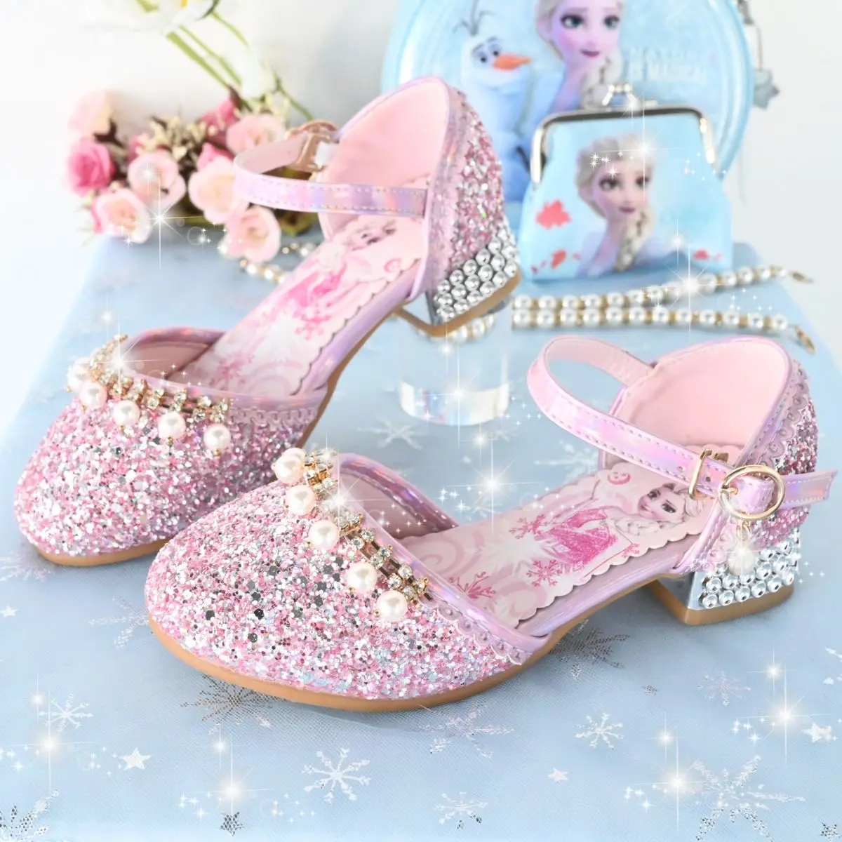 Disney Princess Shoes Girl Elsa Shoes Fashion Frozen Crystal Pearly Girl tacco alto primavera in pelle rosa blu scarpe taglia 23-36