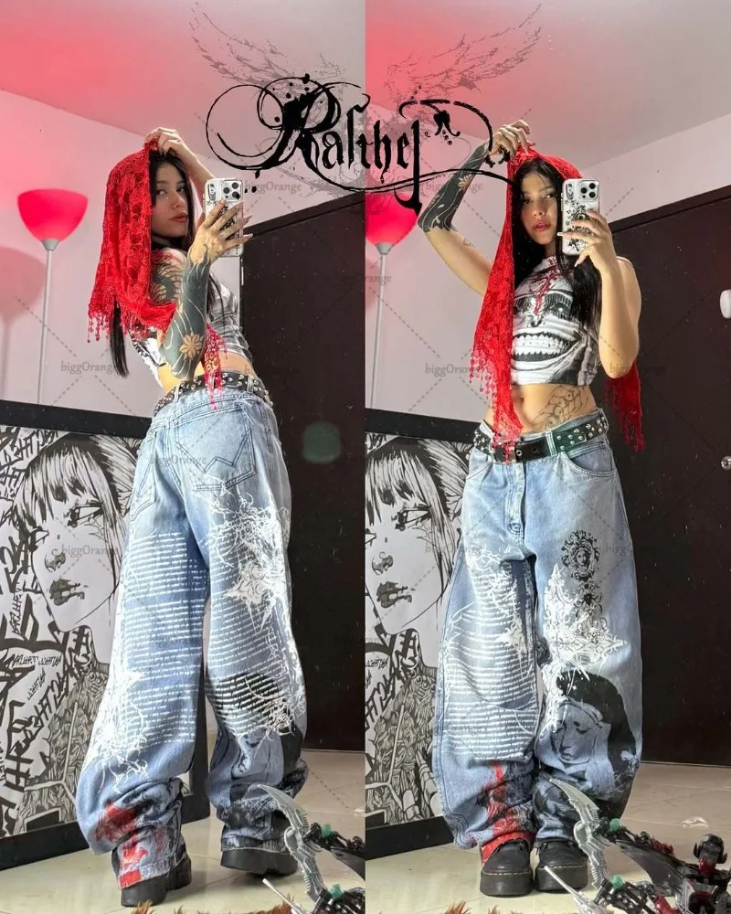 

American Retro Blue Baggy Jeans Women Goth Harajuku Anime Print High Waist Wide-leg Straight-leg Pants Trendy Vintage Streetwear