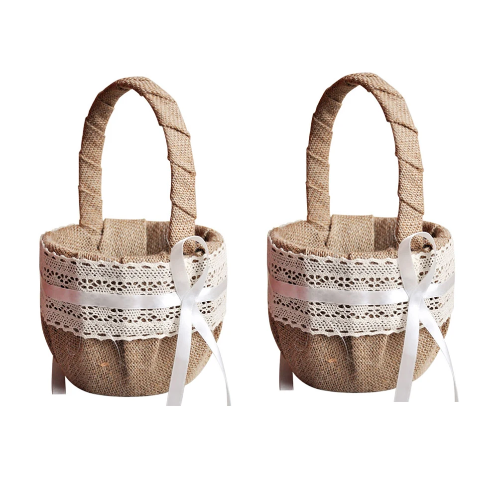 

2pcs Lace Flower Basket Elegant Wedding Baskets for Girls Ceremony Decorations Holding Flowers Rose Petals Candies Novelties