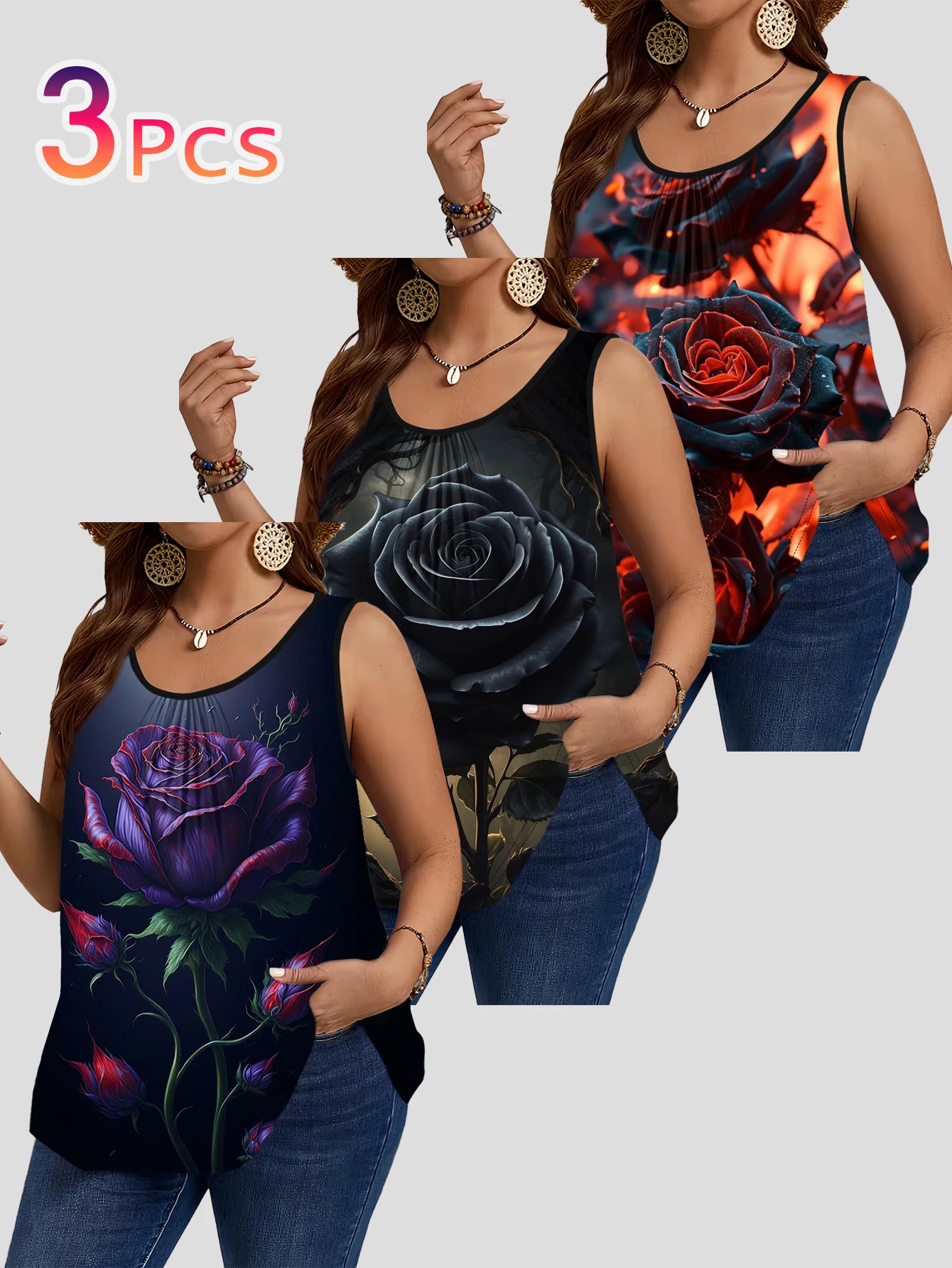 3-Piece Set of Plus-Size Women's Vests|Vintage Dark-Toned Purple Rose, Black Rose, Flame Rose Digital Print Loose-Fitting Slimming Round-Neck Sleeveless Women's Tops