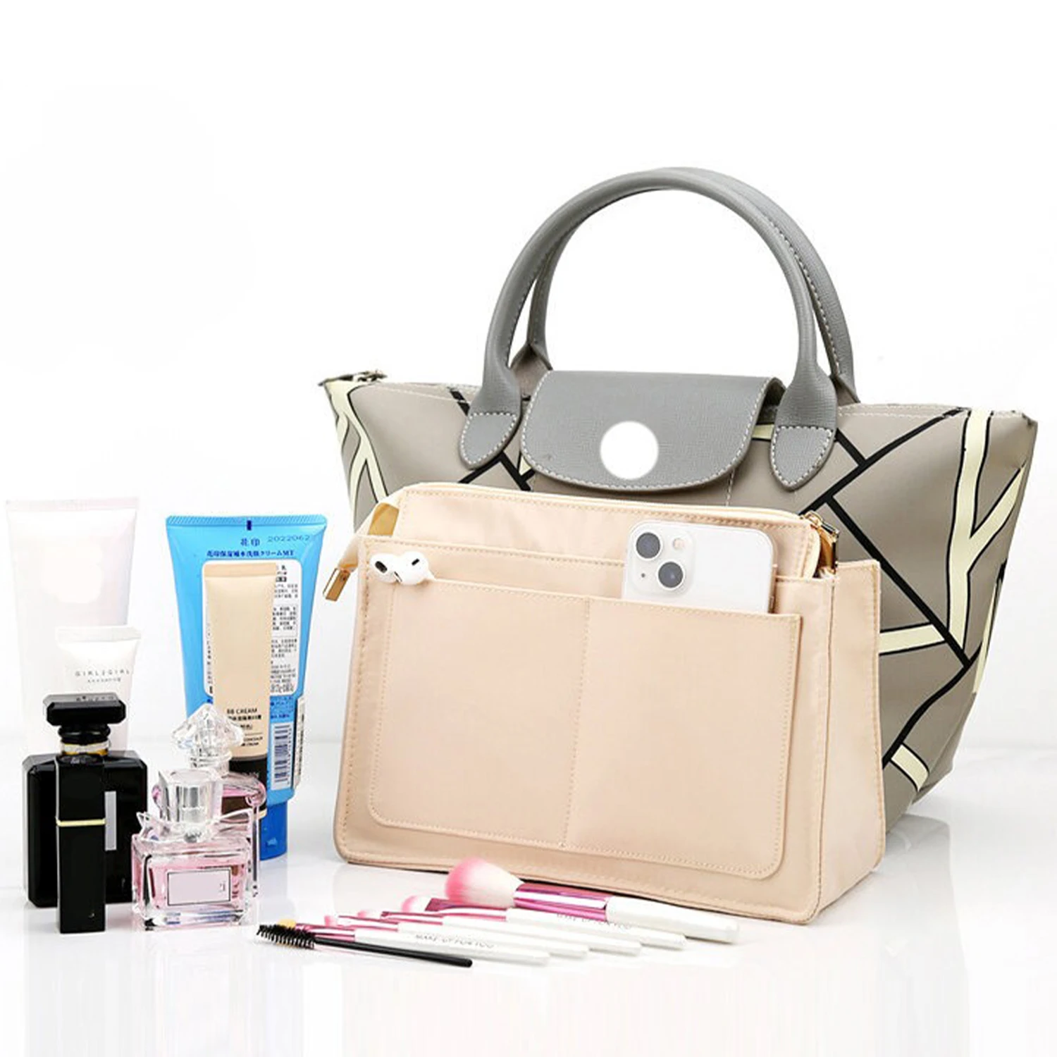 حقيبة بطانة من النايلون، جيب تخزين المكياج مناسب لحقيبة تخزين حقائب اليد، مشكل سفلي للحقائب النسائية