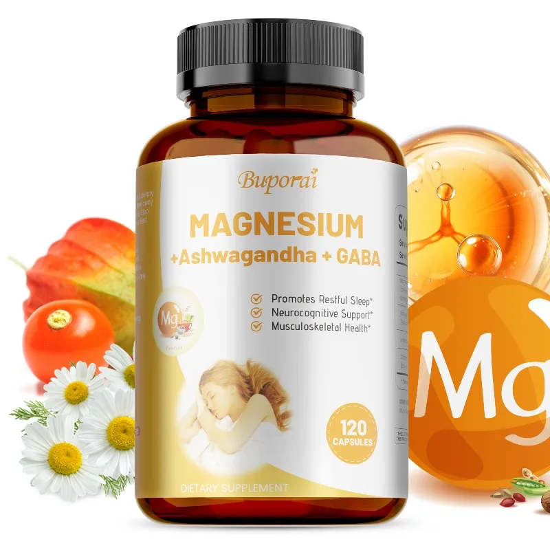 

Magnesium + Ashwagandha & GABA - Aids Sleep, Supports Heart, Bone and Muscle Health, Promotes Relaxation, Improves Mood