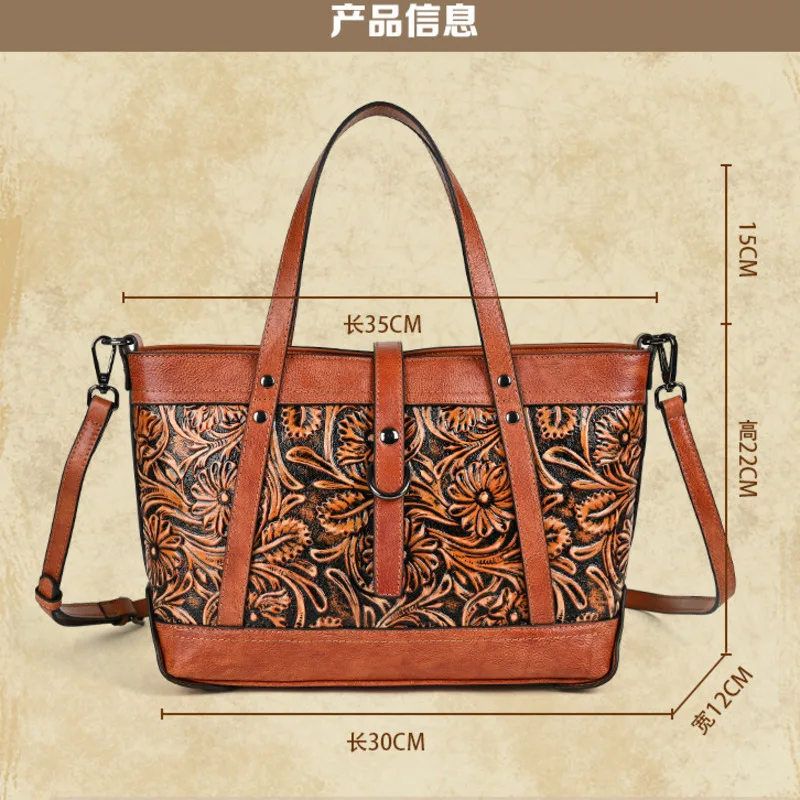 MOTAORA 2024 New Large Capacity Handbags For Women Genuine Leather Handcarved Vintage Women\'s Bag Ladies Shoulder Bags Handmade