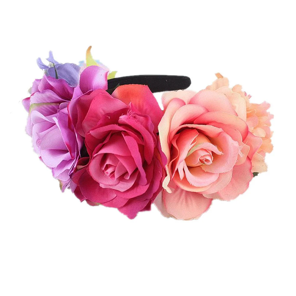 Womens Mexican Simulated Rose Flower Crown Headband Day Of The Dead Halloween Headpiece Colorful Fake Stamen Party Hair Hoop