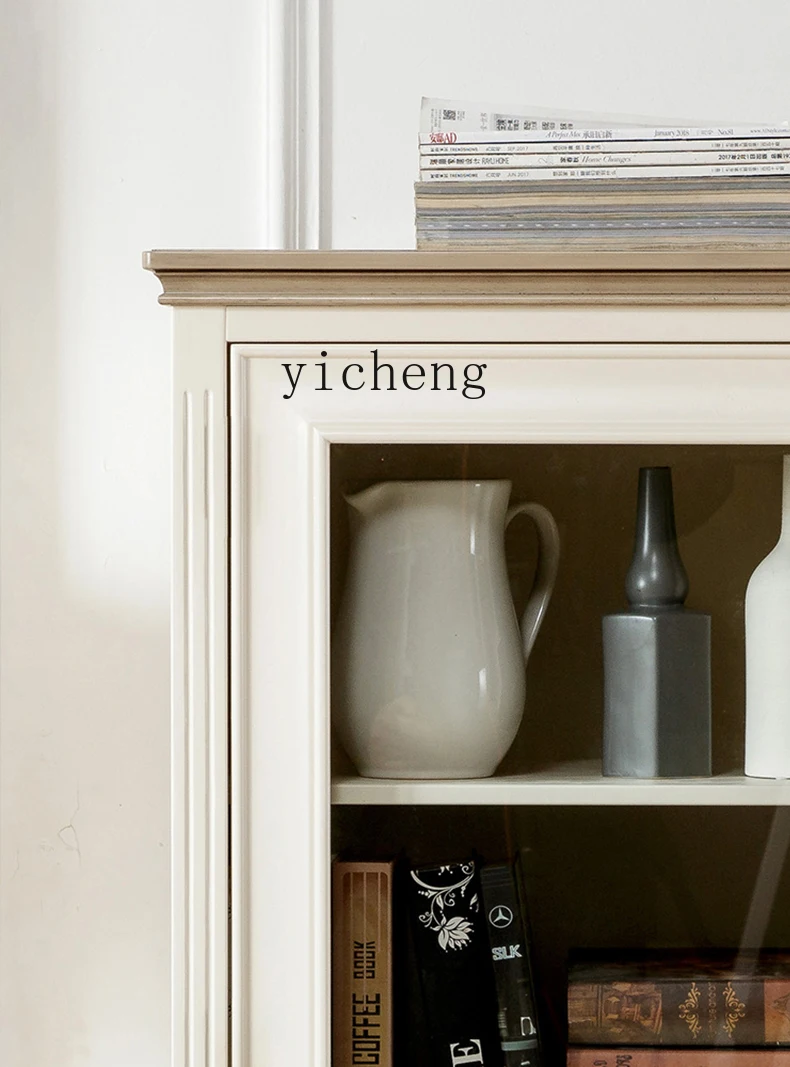 

ZZ solid wood bookcase white bookshelf double door wine cabinet decorative locker glass door shelf
