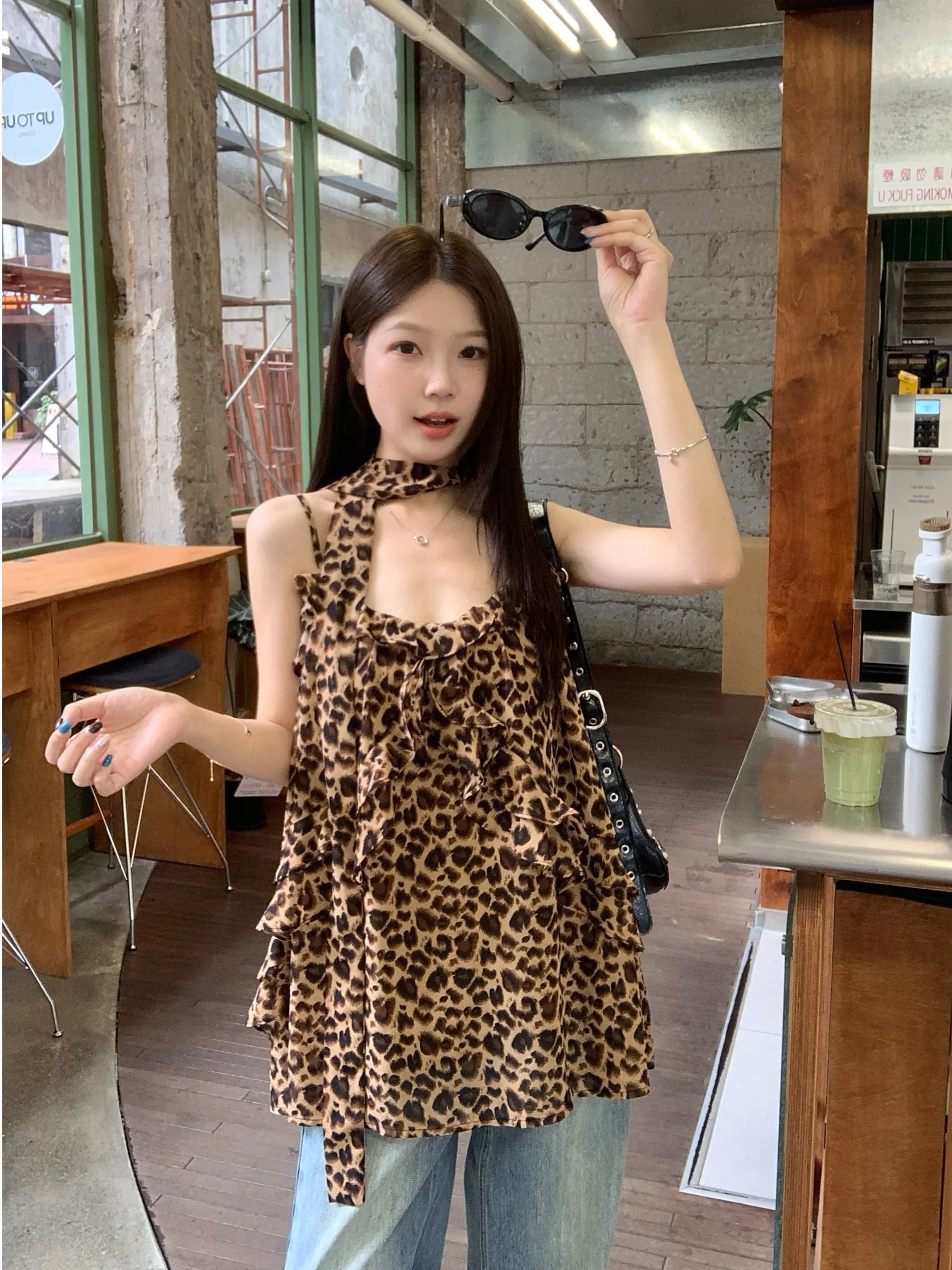 

plus Size Women's Sweet And Spicy Style Leopard Print Tank Top Summer New Retro Lace Trim Outerwear Slimming Sash Vest