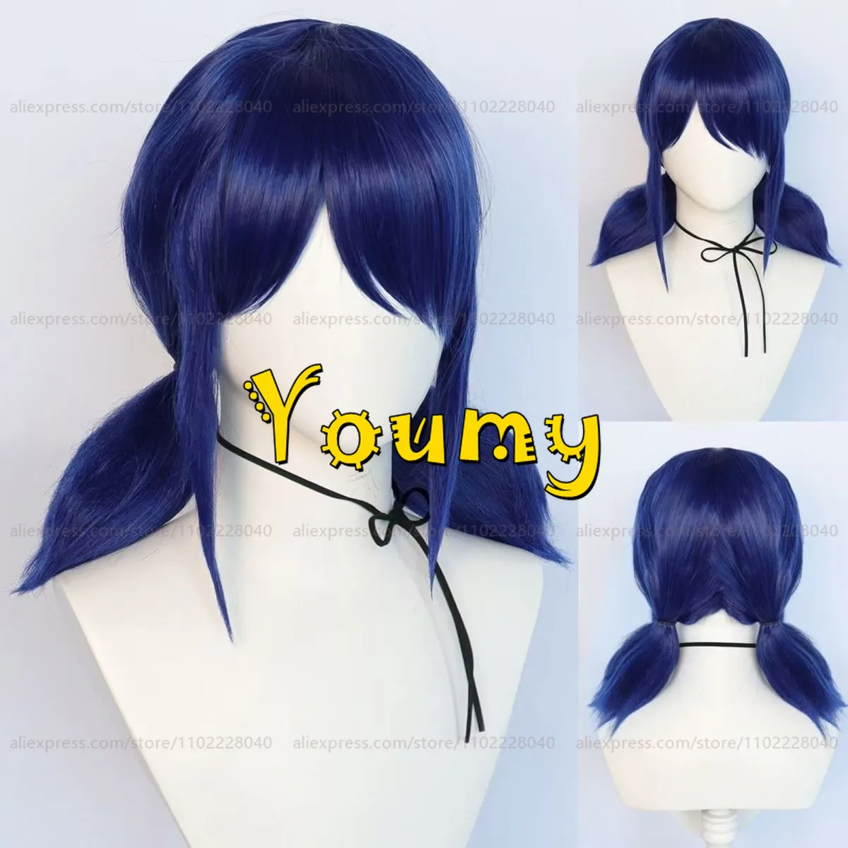 Marinette Cosplay Wig with Double Ponytails Dark Blue Wig Cosplay Anime Cosplay Wigs Heat Resistant Synthetic Wigs Halloween