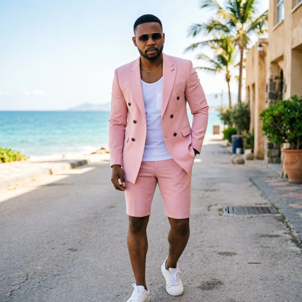 White Linen Men 2 Piece Suit With Short Pants Double Breasted Lightweight Breathable Slim Fit For Beach Vacation Summer 2026