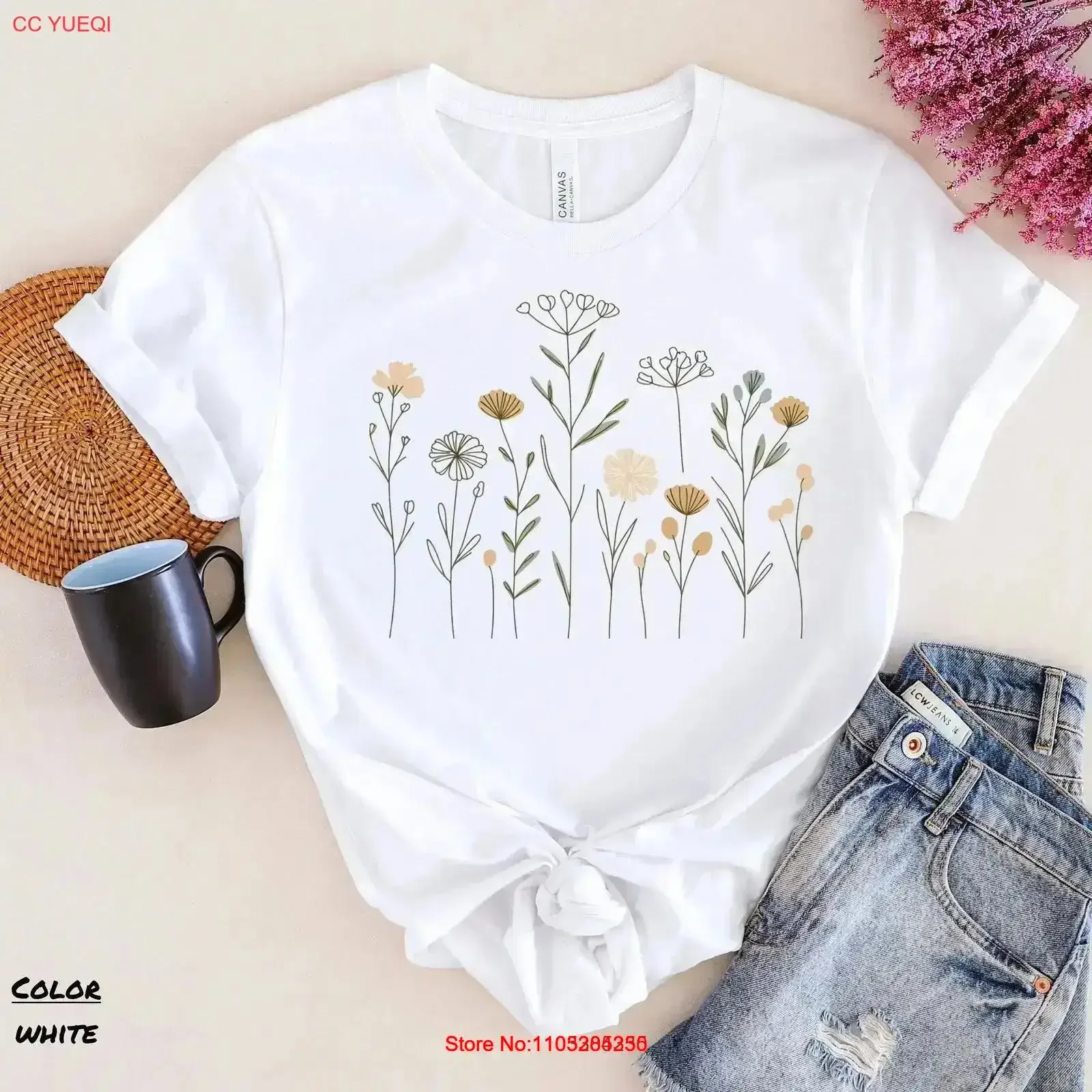 Wildflower T Shirt Meadow Flower Sketch Floral Top Botanical For Her Mothers Mom vintage Washed Slightly Casual graphic fashion