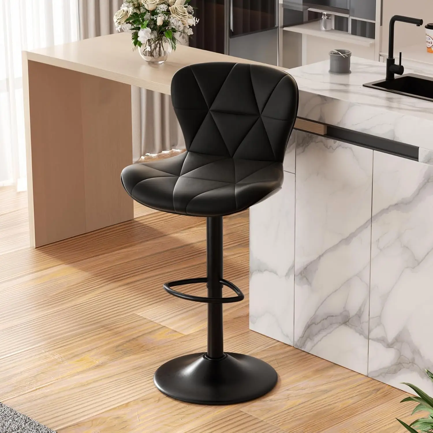 

Bar Stools,Adjustable Swivel Barstools, Faux Leather Bar Chairs,Upholstered Counter Height With High Backrest For Kitchen