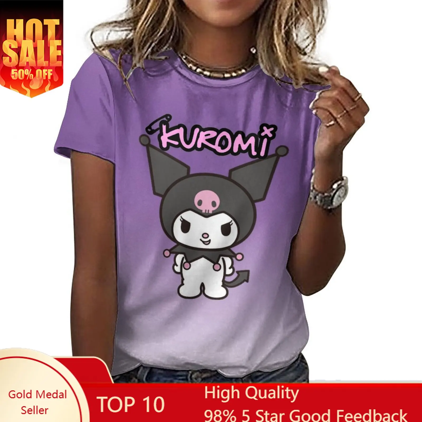 

Kuromi Tshirts Womans Short Sleeve Tshirt O Neck Cartoon Tee Tees Slim T Shirt Cute Tops Summer Clothing
