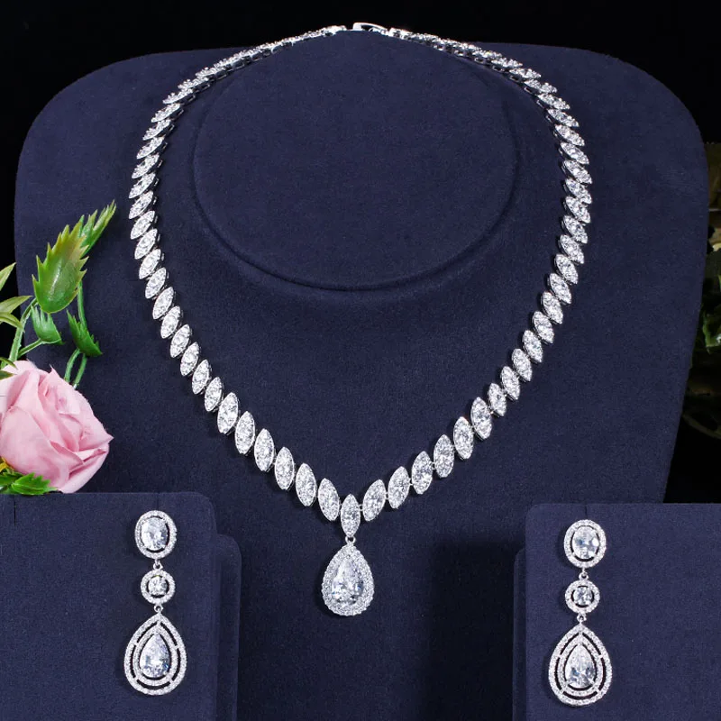 BeaQueen Luxury Women Big Cubic Zirconia Water Drop Stone Long Dangle Wedding Earrings and Necklace Bridal Jewelry Sets JS164