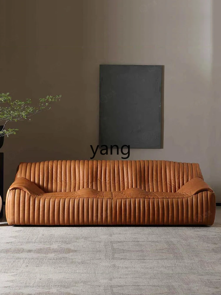 Yjq medieval oil wax leather wave sofa retro B & B living room caramel leather