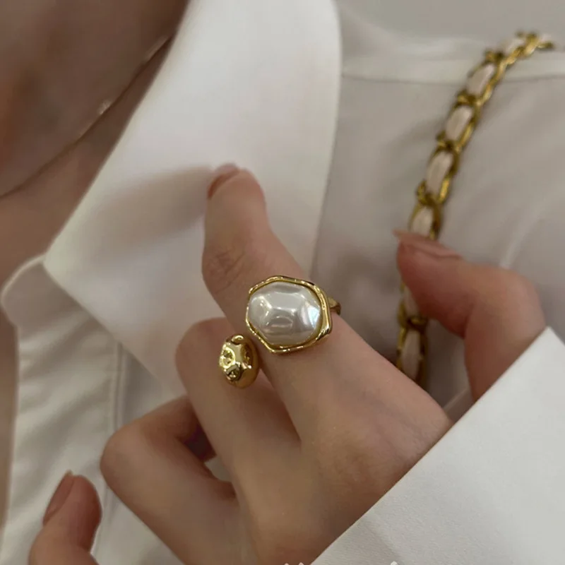 Irregular Baroque Imitation Pearl Rings for Women Gold Color Adjustable Rings Korean Fashion Jewelry Party Luxury Accessory