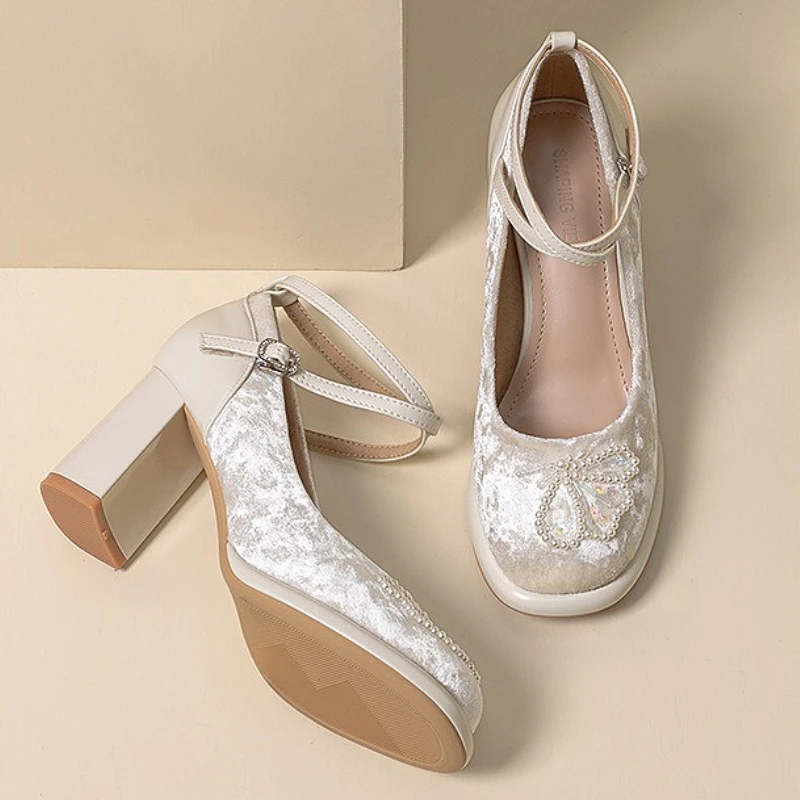 

Модные туфли Мэри Джейн с круглым носком и бусинами, женские туфли с неглубоким ремешком на щиколотке, милые туфли Лолиты, модные элегантные модельные туфли на высоком каблуке