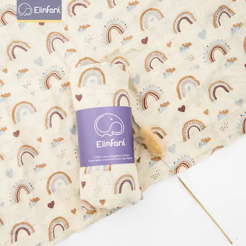 Elinfant 120x110cm 대나무 면화 아기 모슬린 Swaddle 담요 귀여운 부드러운 인쇄 아기 수건 포장