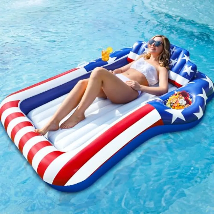 

Поплавки для бассейна с американским флагом 4 июля для взрослых с подстаканником для подушки 70x46, большой поплавок для загара, шезлонг для загара