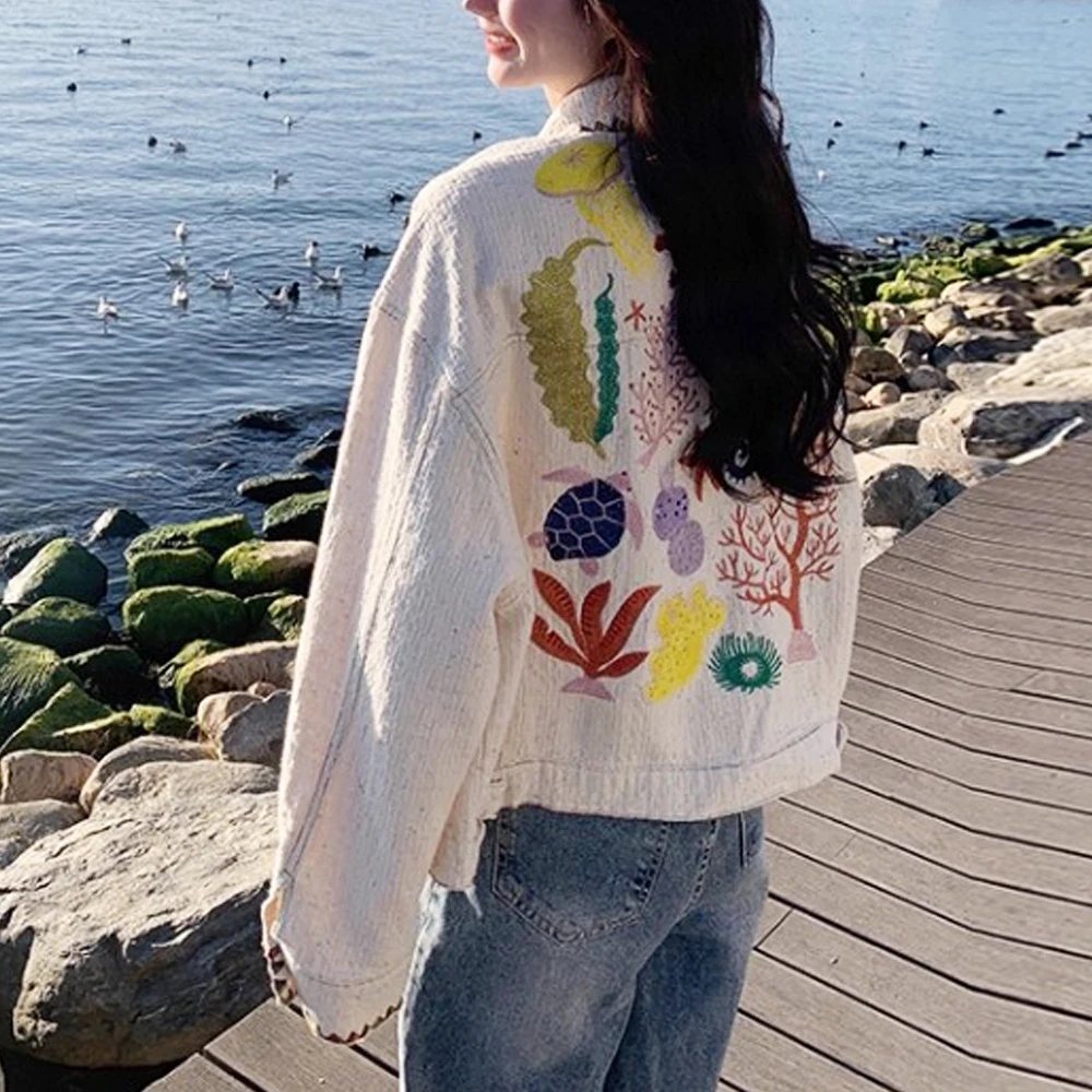 Chaqueta vaquera azul de algodón con bordado Floral bohemio para mujer, abrigos de manga larga para primavera y otoño, prendas de vestir, abrigo informal