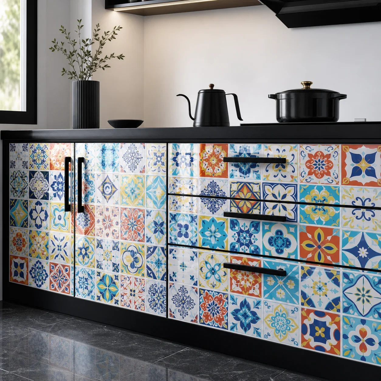 Self-Adhesive Wallpaper With Colorful Tile Pattern Waterproof And Oil-Proof Film Suitable For Dining Table Cabinet Decoration.