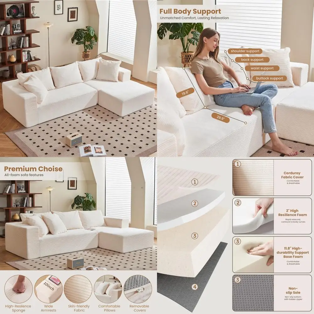 أريكة معاصرة على شكل حرف L مقاس 10.8 بوصة مع مقاعد عميقة من القطيفة، قماش سروال قصير، مثالية لمساحات المعيشة وغرف النوم، جاهزة للاستخدام #1