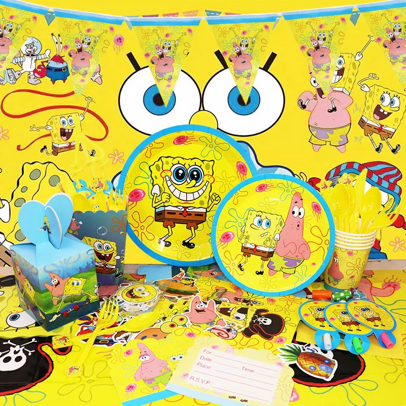 SpongeBob Birthday Party Decoration SquarePants Foil Balloon Kids Event Supplies Disposable Tableware Banner Backdrop Cup Plate