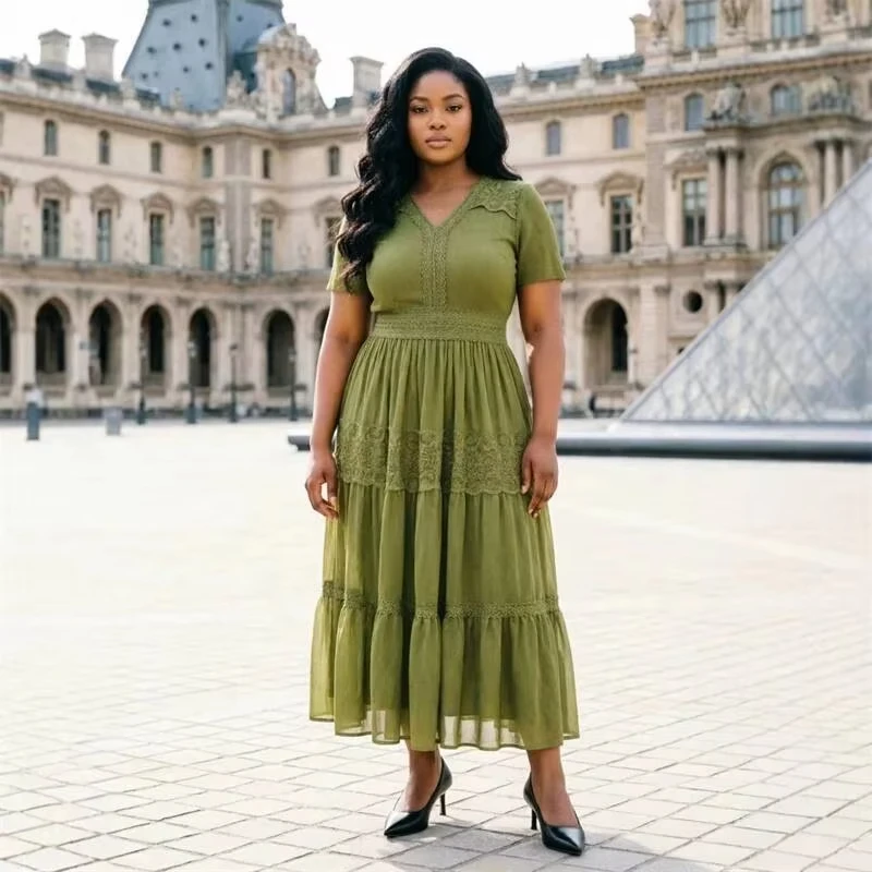 ANLAN Lace Trim Women's Pleated Dress V Neck Short Sleeve Tiered Midi Casual Fashion Elegant Summer Famale Clothing 2026 New