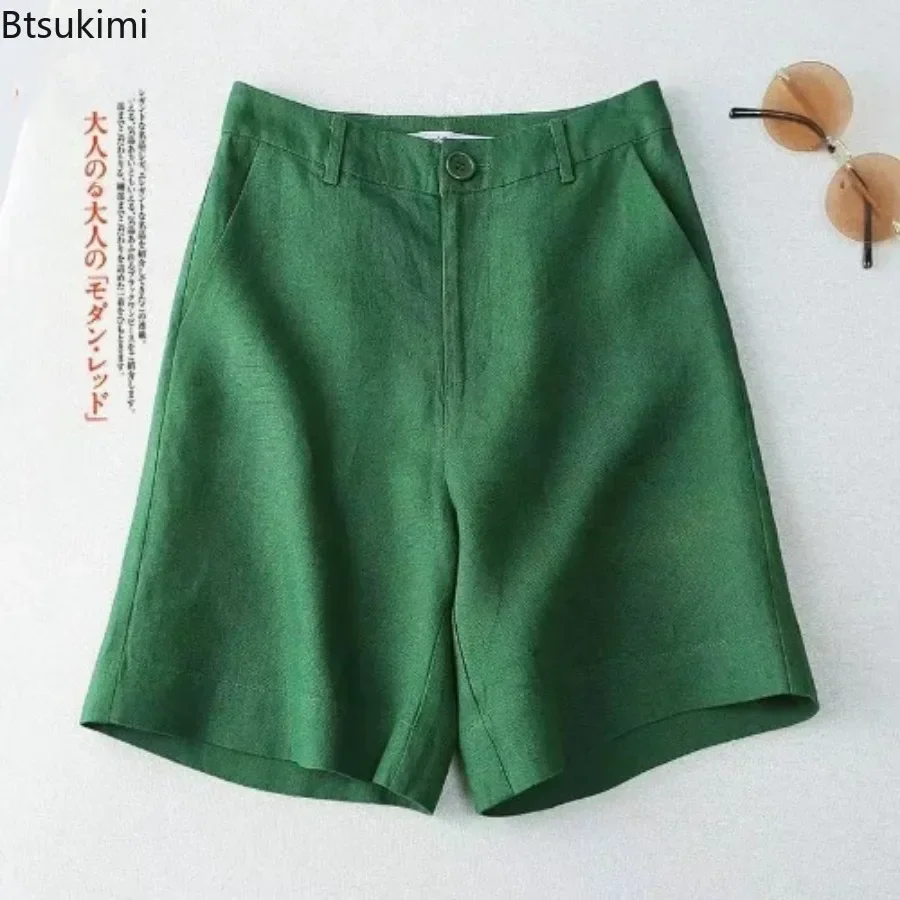 2025 Women's Casual Cotton Linen Shorts Solid Pocket Button High Waist Wide Leg Shorts Female Korean Straight Suit Shorts Women