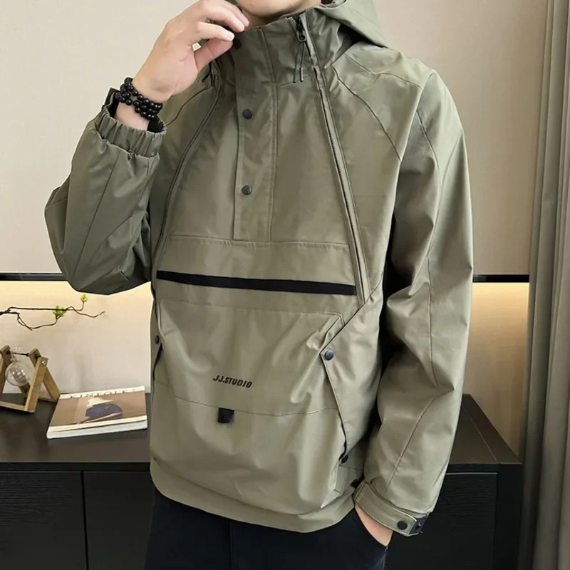 

Men's Outdoor Pullover Hooded Jacket Solid Color Zipper Pocket korea Style Loose Casual Workwear Simple Assault Jacket