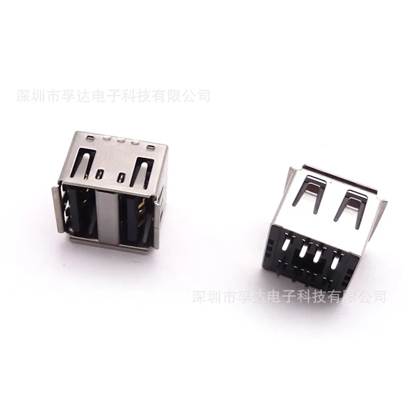 

Двухслойный USB-разъем (гнездо) с коротким корпусом (10,5 см), без фиксирующей ножки, для обжима на плату.