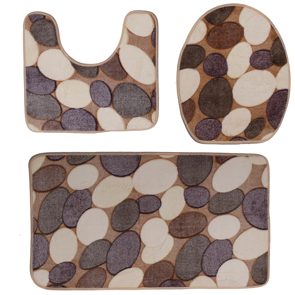 

3Pcs Cobblestone Bathroom Pedestal Mat Set Coral Fleece Non-Slip Bath Mat Toilet Rug Closestool Lid Cover