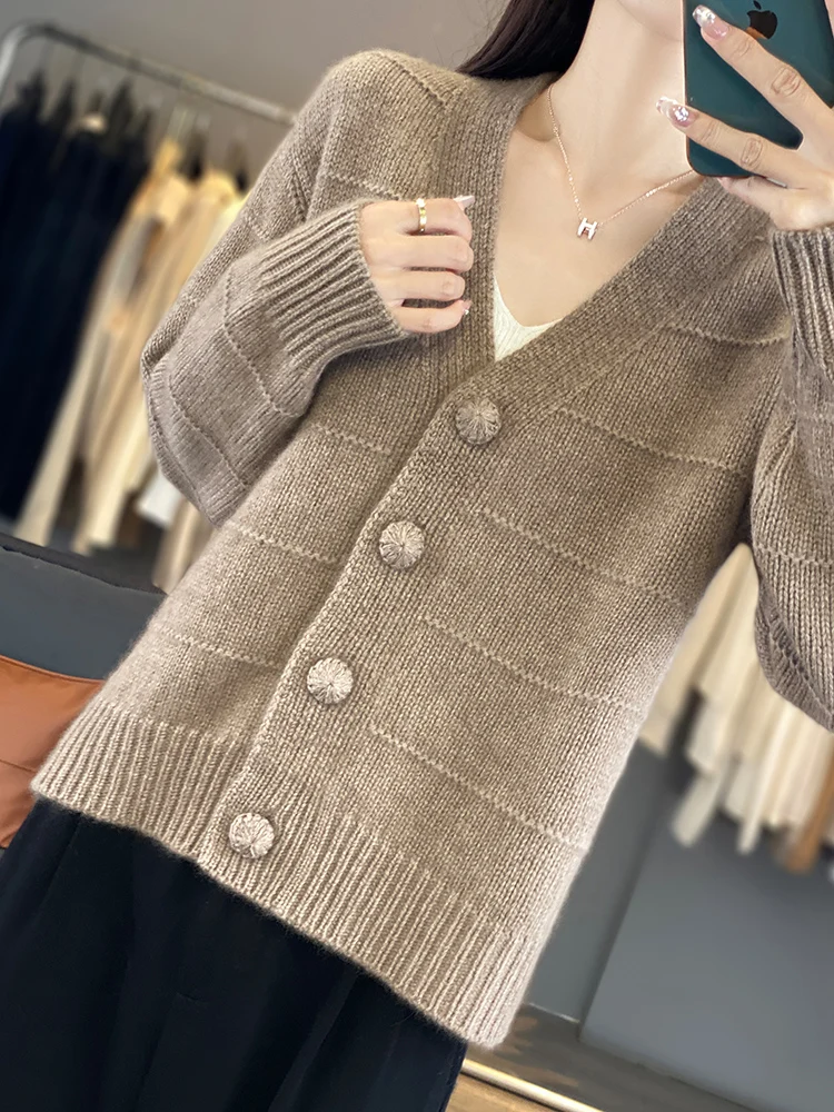 Oversize Womens Cardigan 100% Merino Wool New Arrival Sweater VNeck Pullover Knitted Jumper Lady Clothes Outerwear Fashion Trend