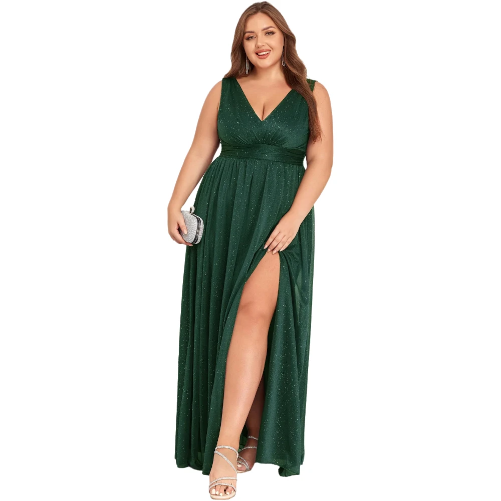 

Elegant Shining Chiffon Double V-neck Sleeveless Formal Evening Plus Size Dress Green