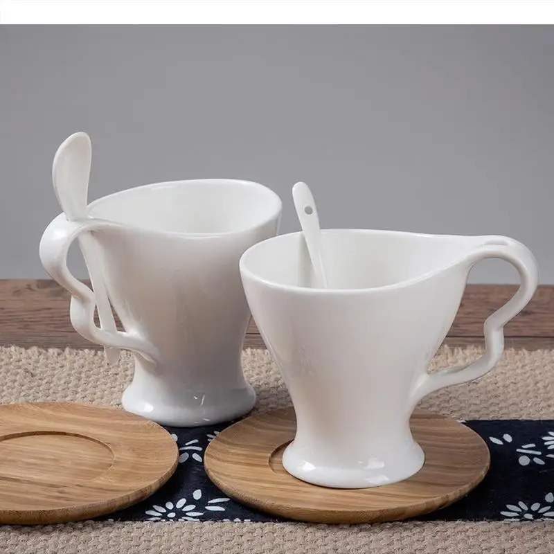 White Ceramic Cup Wooden Saucer Spoon Coffee 2-piece Set Couple Mug Cups Pair of Home Drinkware Teacup Milk