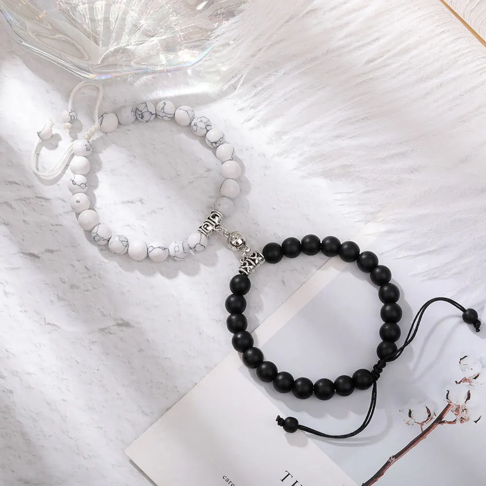 2Pcs/Set Natural Stone Beaded Heart Magnet Attraction Couple Bracelets For Women Men Simple Love Relationship Bracelet Jewelry